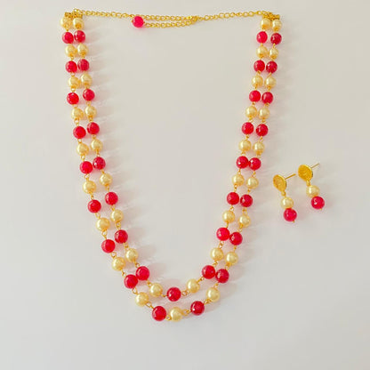 Ruby with off white pearl double Layer Necklace Set