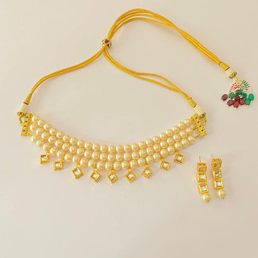 Off white pearl with kundan three Layer Necklace Set