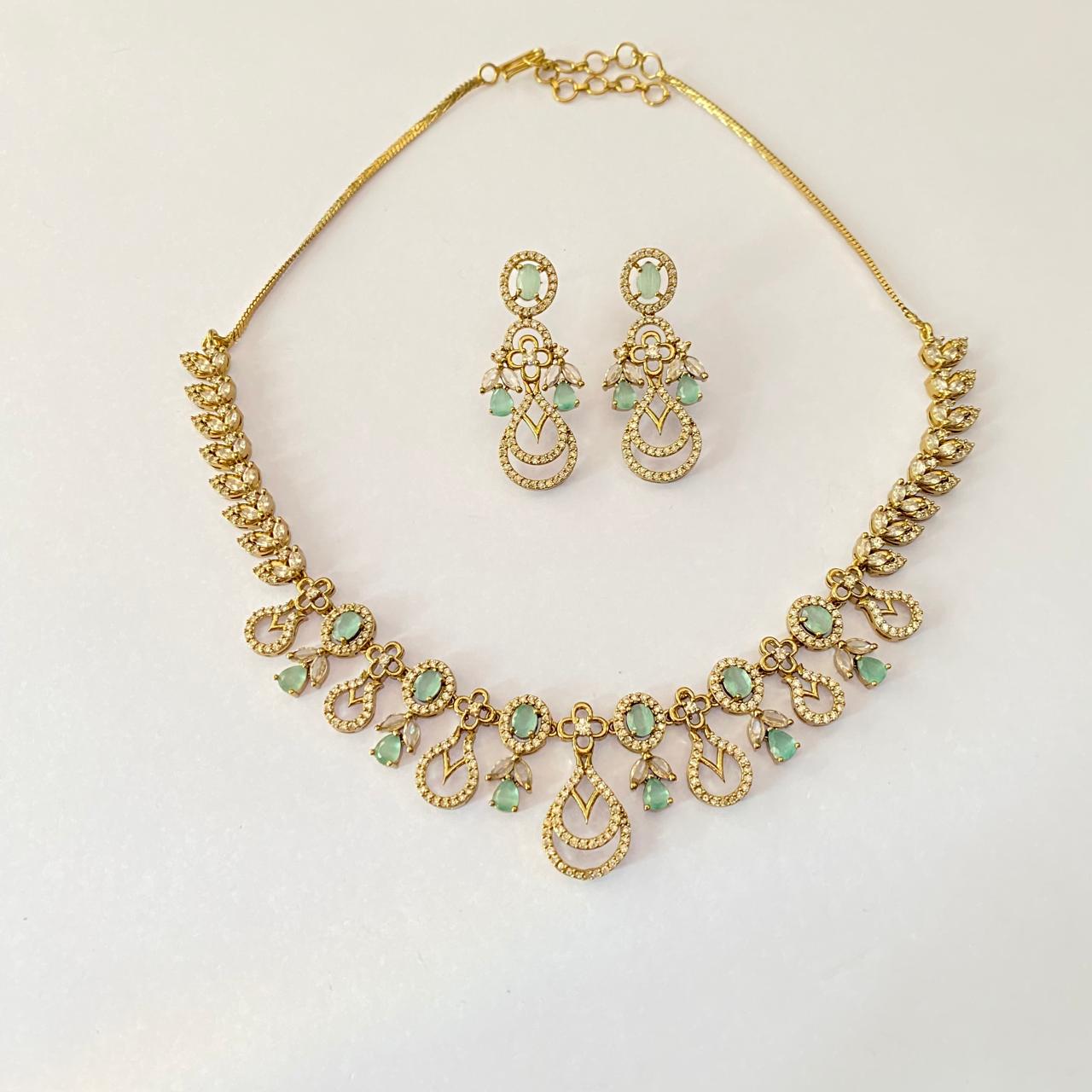 Diamond Aquamarine Gold Plated Ant tennis  Necklace Set