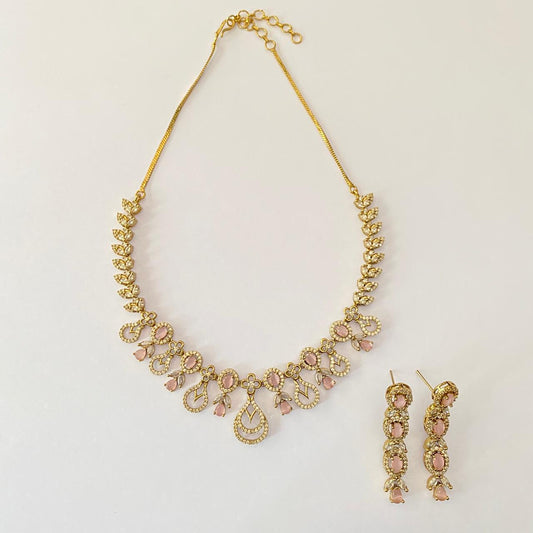 Diamond rose quartz Gold Plated Necklace Set