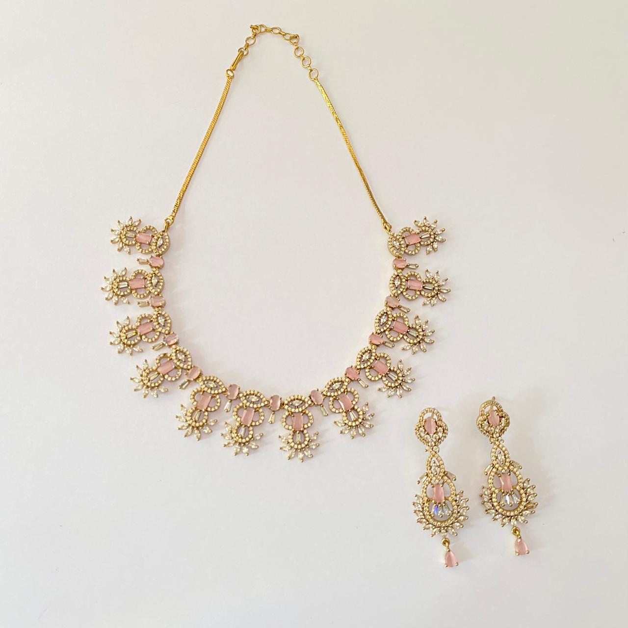 Diamond  rose quartz gold Plated Necklace Set