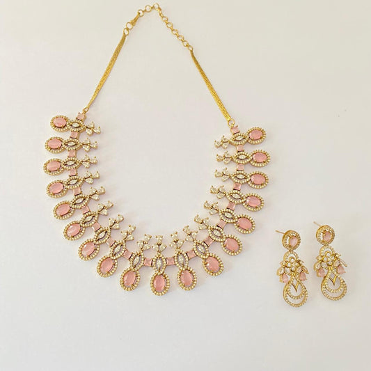 Diamond  rose quartz gold Plated Necklace Set