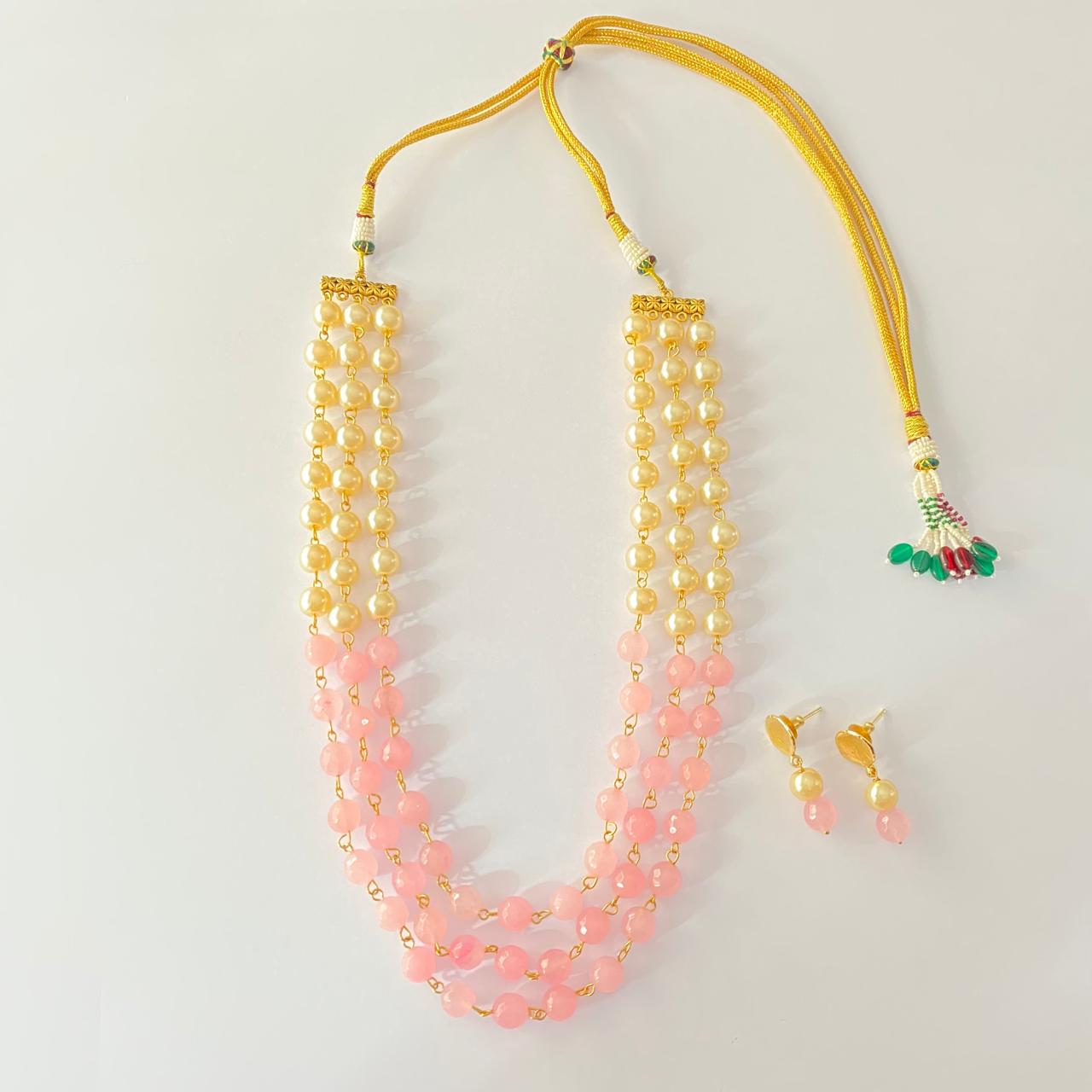 Rose Quartz with off white pearl multi layer Necklace Set