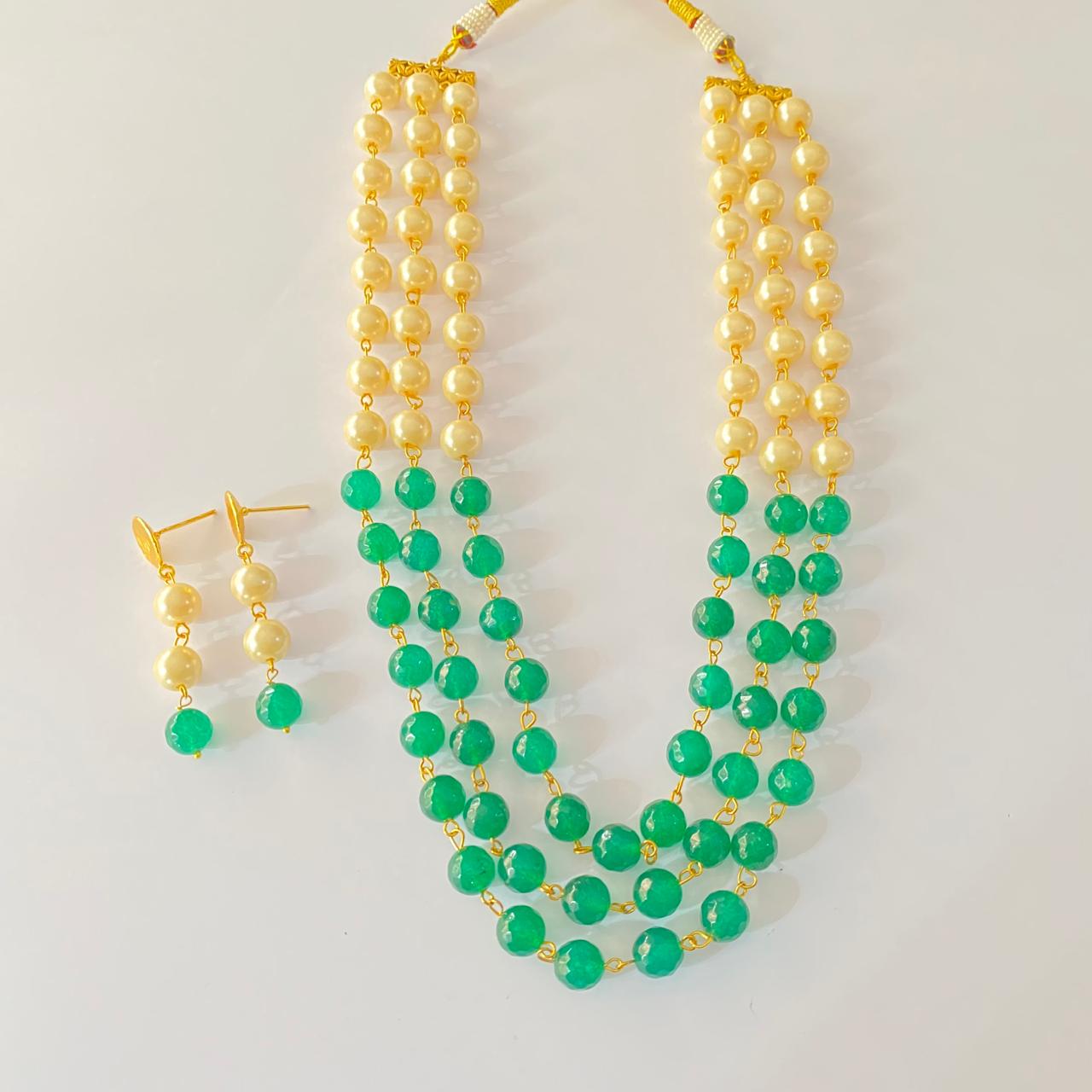 Emerald with off white Pearl three Layer long Necklace Set