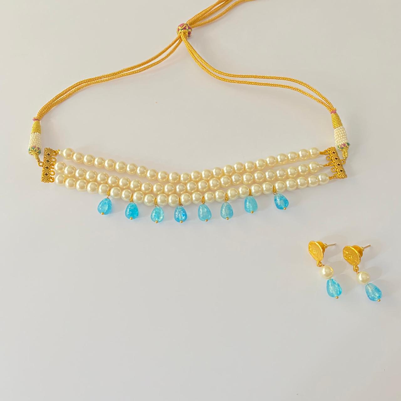 Aquamarine with off white pearl choker Necklace Set