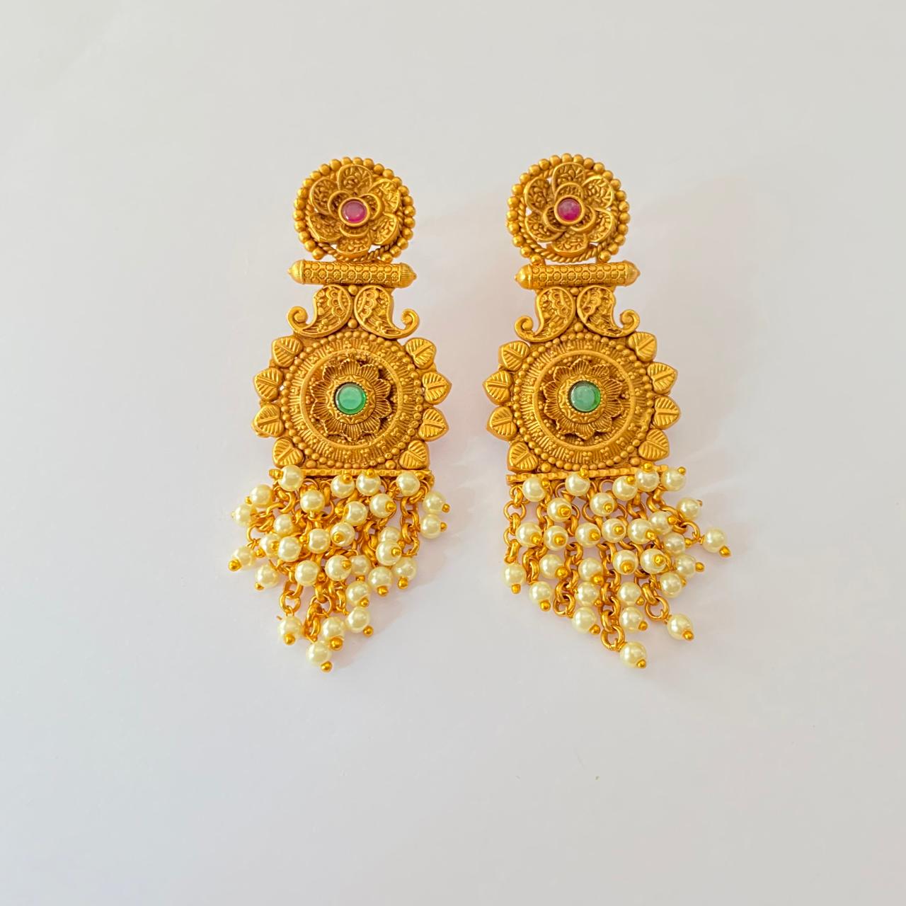 Gold Plated ruby emerald with pearl Temple Earring