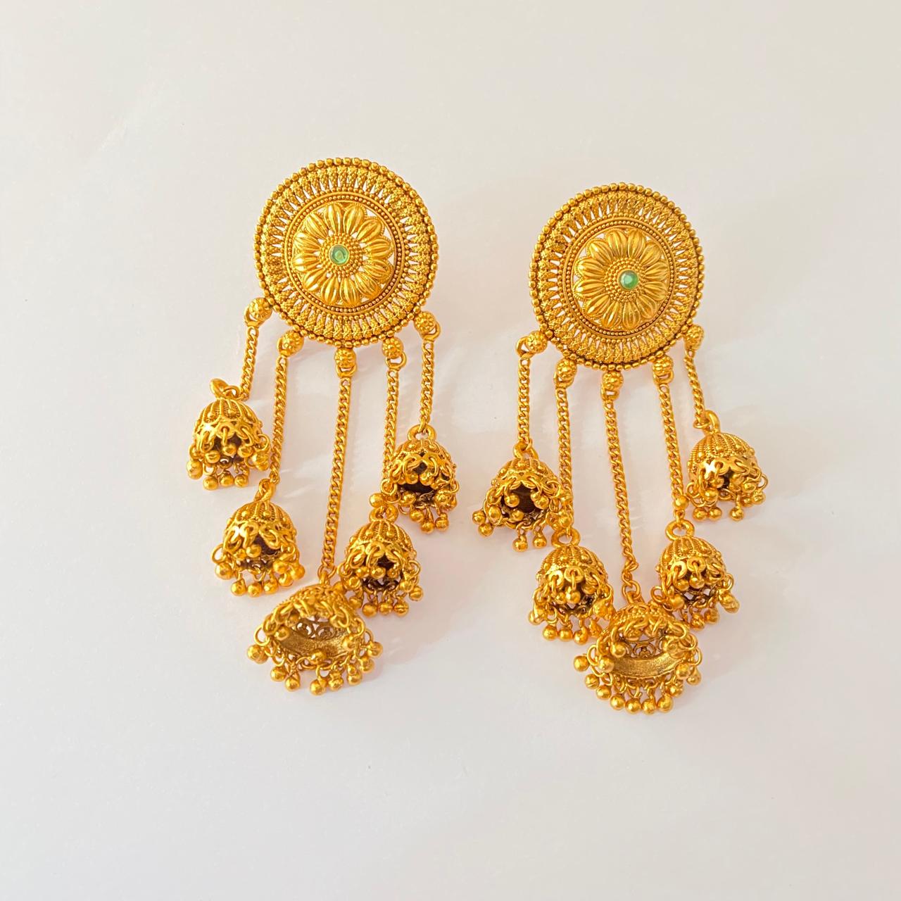 Gold Plated emerald Traditional Jhumka Stud Long Earring