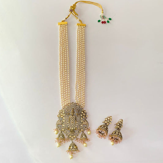 Baby Pink Pearl Dual Gold Plated Polki Long Temple Necklace Set