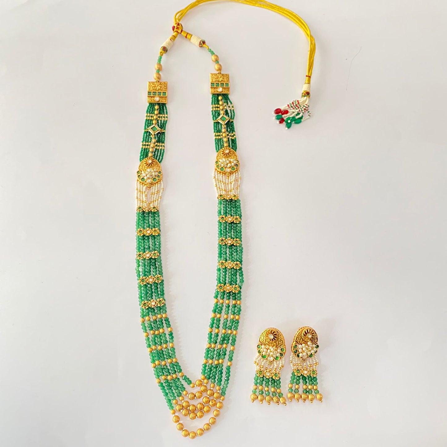 Gold Plated Long Green Necklace Set