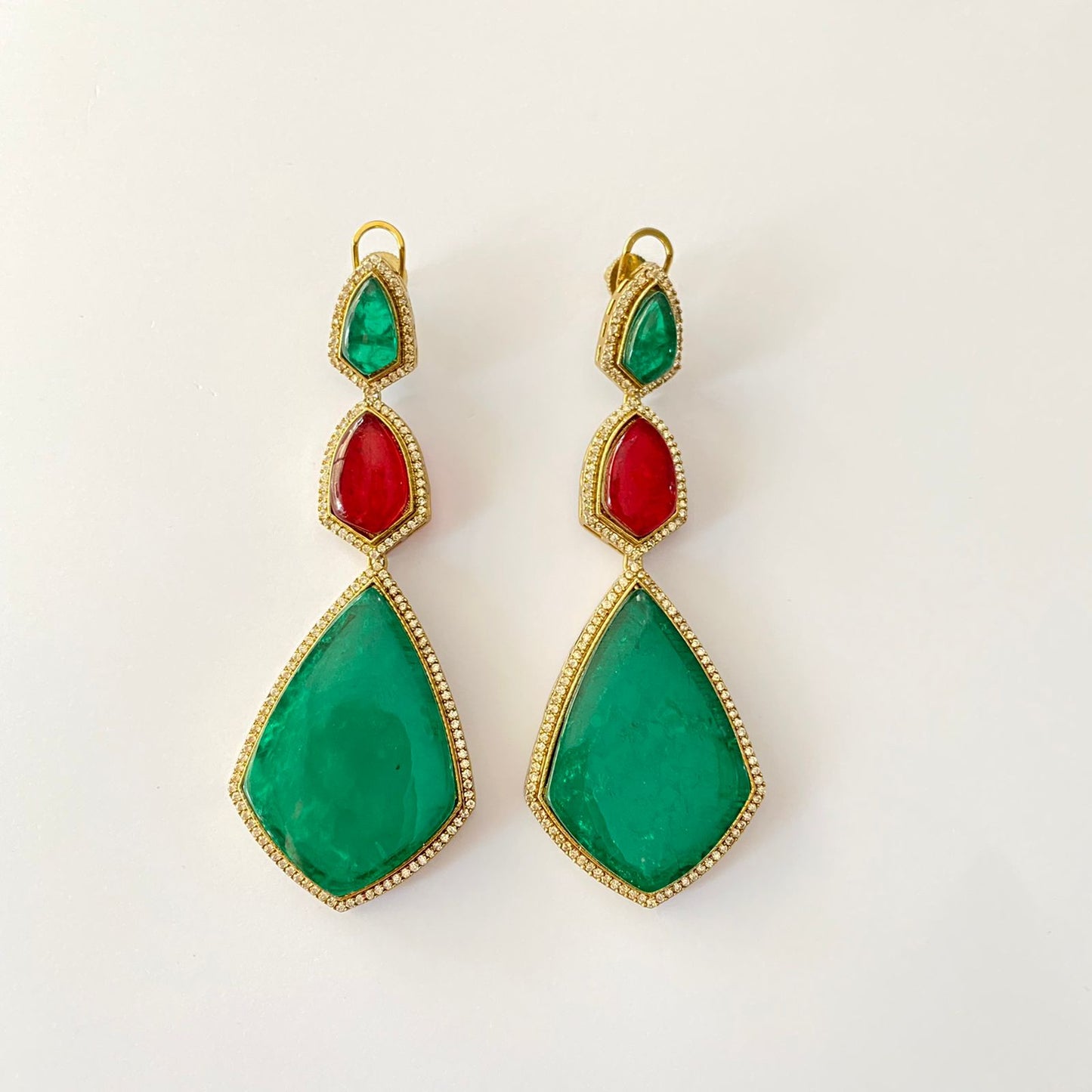 Green & Ruby Stone Antique Gold Long Earring