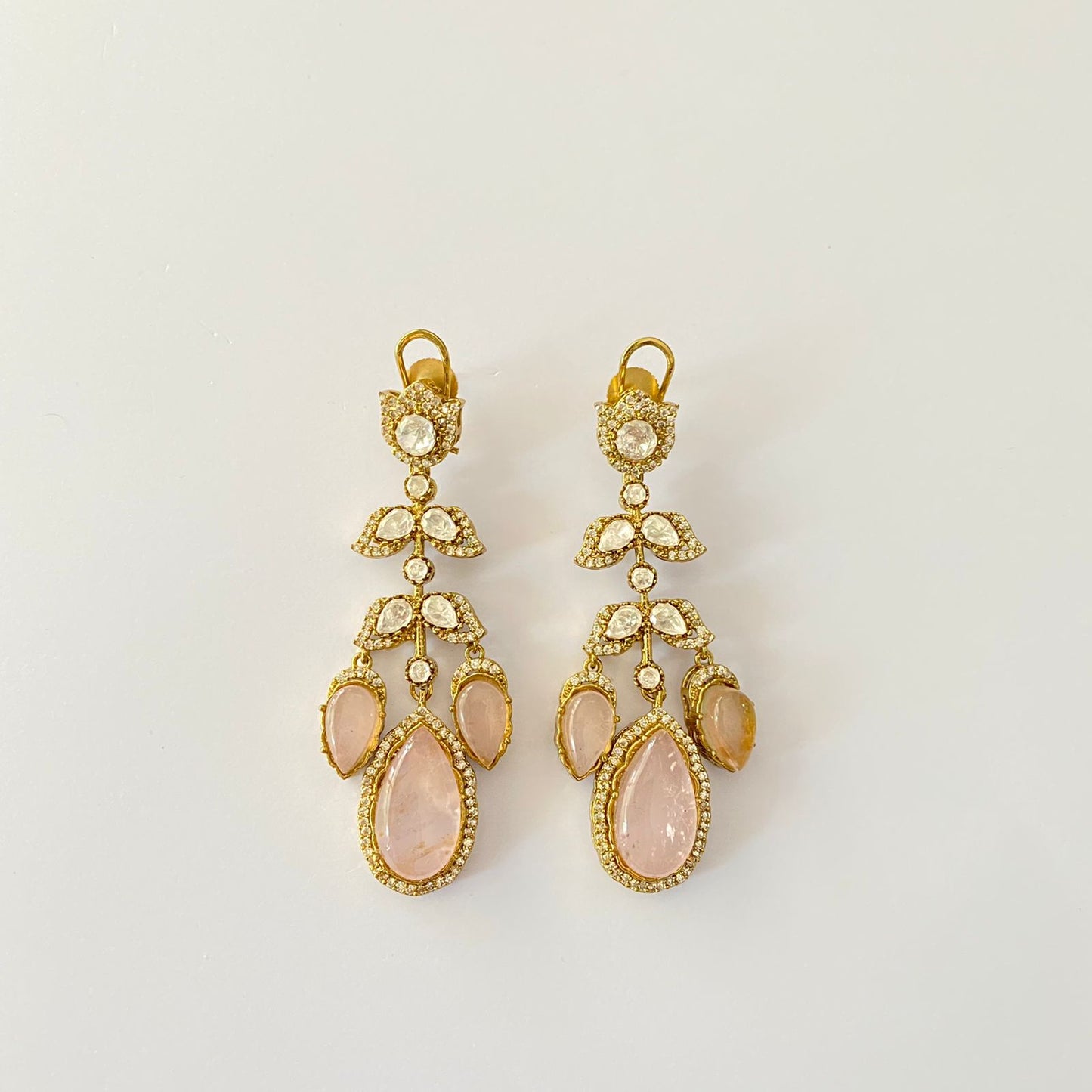 Rose Quartz Antique Gold Polki Earring