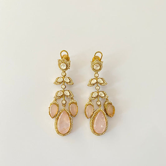 Rose Quartz Antique Gold Polki Earring