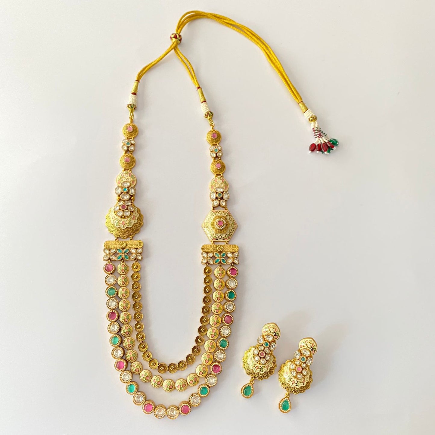 Multi Color Three Line Gold Plated Polki Necklace.