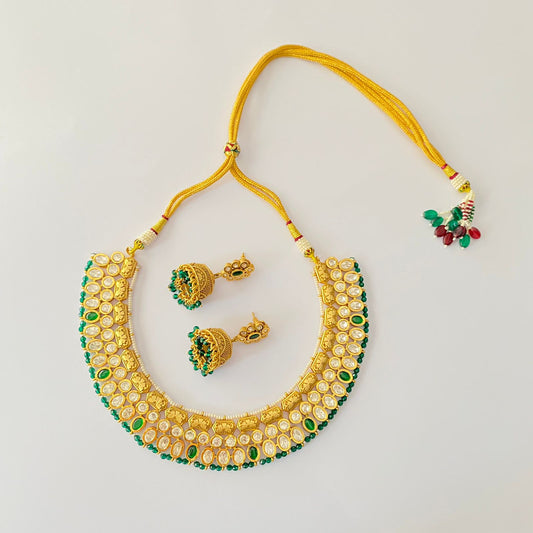 Green Gold Plated Polki Necklace Set