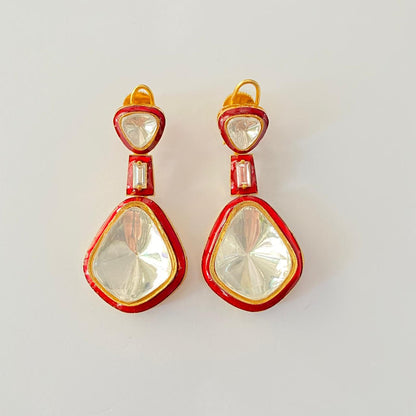 Red meenakari polki back clip dangler Earring