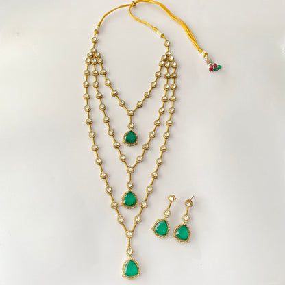 Three Line Green Antique Gold Polki Necklace Set