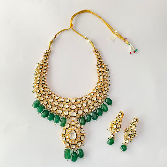 Gold Plated Kundan Polki Drop Green Necklace Set