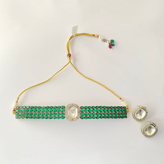 Emerald Diamond Polki Necklace Set