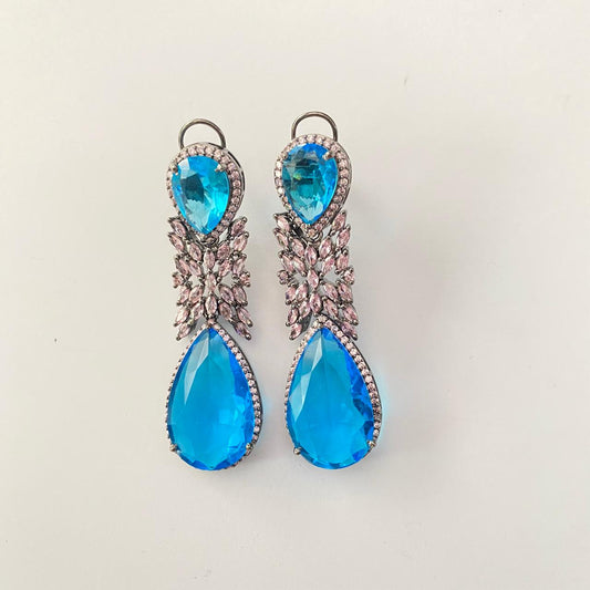 Blue Stone back  clip Victorian dangler earring