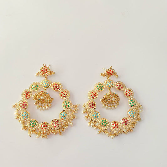 Gold Plated Multi Jadau Big Chand Bali Earring