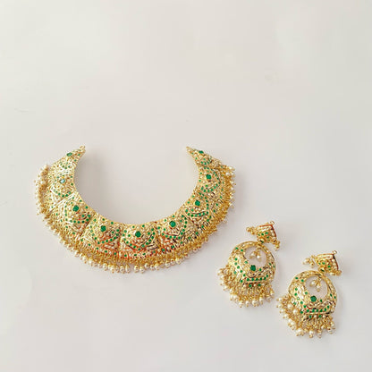 Gold Plated Green Jadau Necklace Set