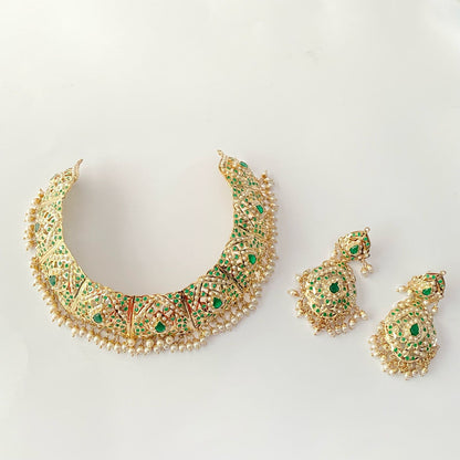 Gold Plated Green Jadau Necklace Set.