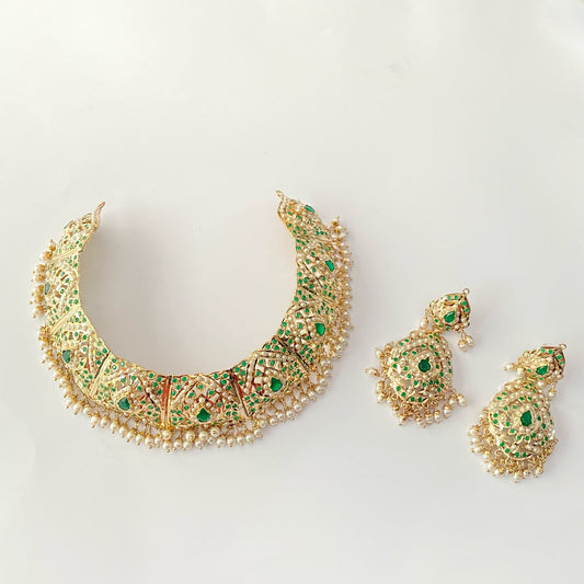 Gold Plated Green Jadau Necklace Set.