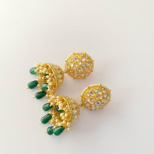 Gold Plated Kundan Drop Green Pearl Jhumka.