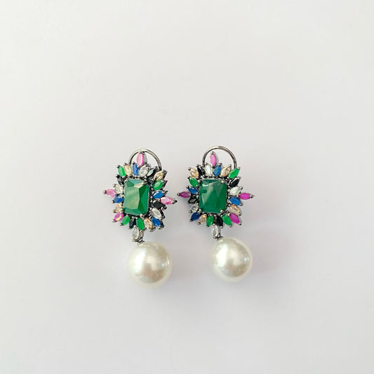 Oxidised Green With Back Clip Drop Pearl Earring