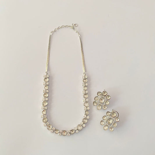 Silver Plated Kundan Single Line Necklace Set