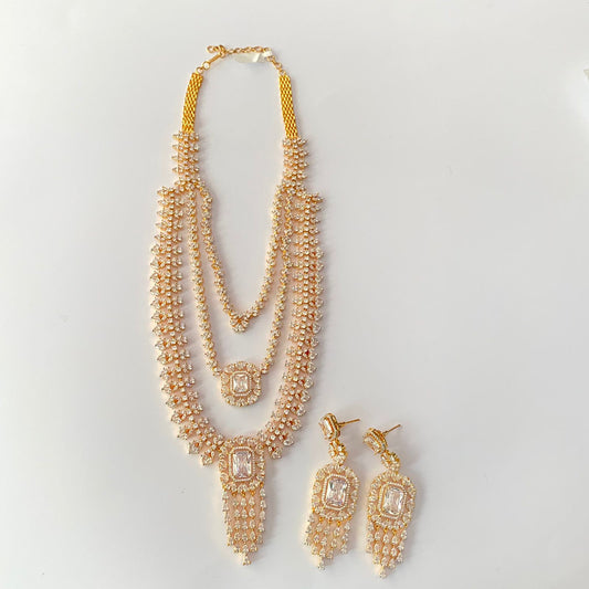 Gold Plated Three Line Diamond Necklace Set
