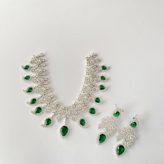 Silver Plated Green Diamond Necklace Set