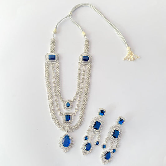 Silver Plated Three Line Blue Diamond Necklace Set