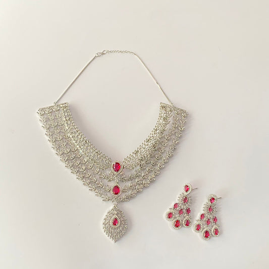 Silver Plated Ruby Diamond Necklace Set