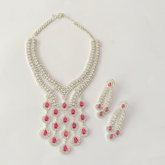 Silver Plated Ruby Diamond Necklace Set