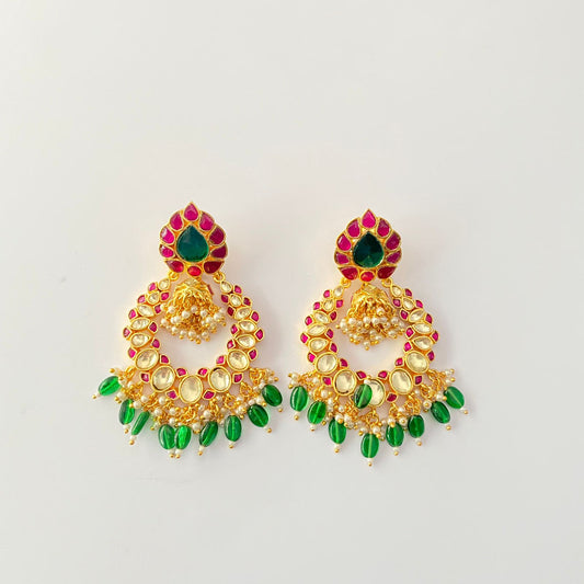 Green Drop Gold Plated Kundan Earring