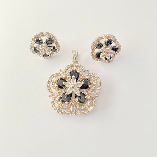 Black Stone A.D Floral Pendant with Earring