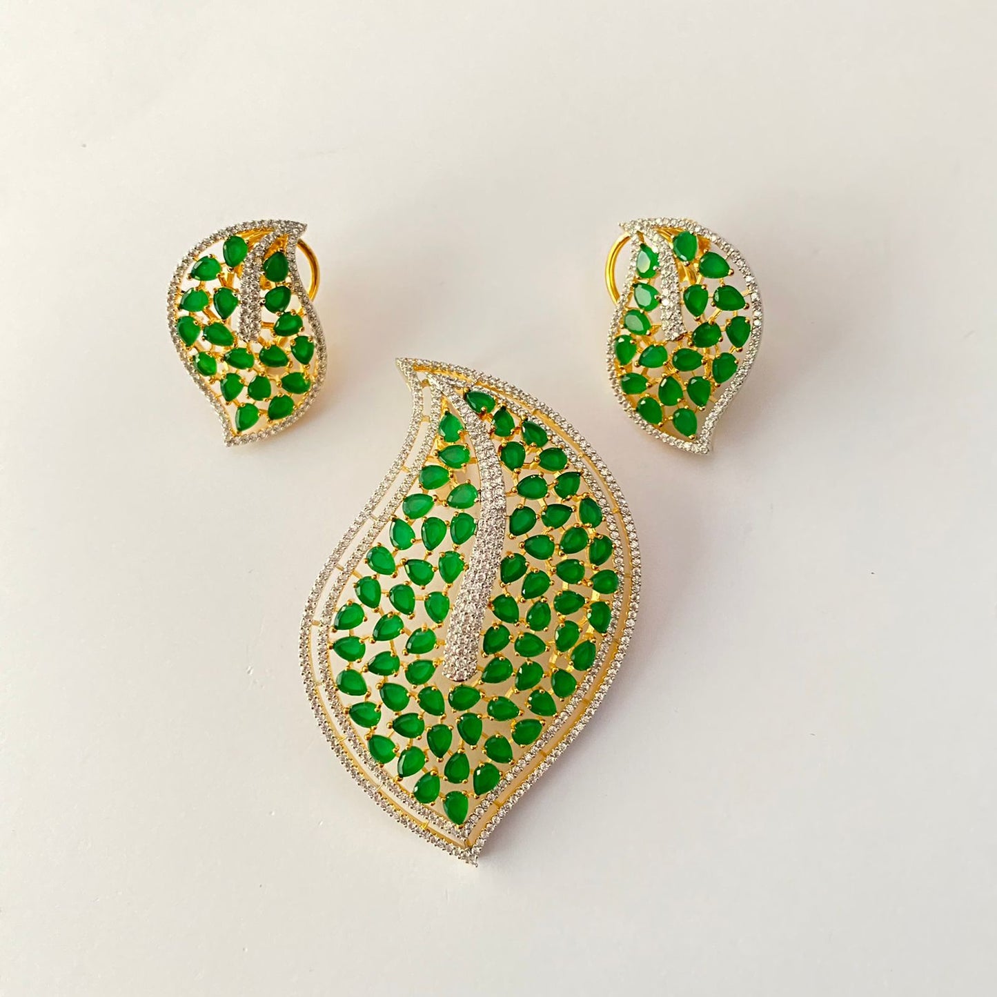 Green Stone Gold Plated Big Pendant set