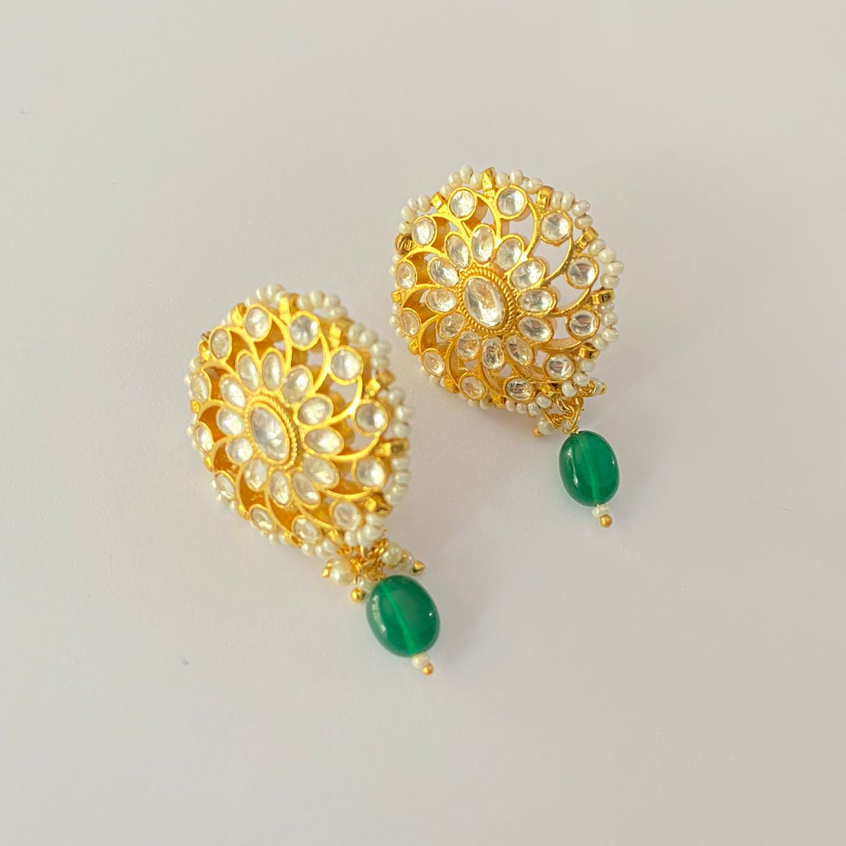 Pachi kundan Round Stud Green Drop Earring