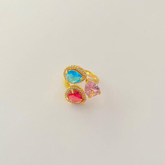 3 colour Stone Gold Plated Adjustable Ring