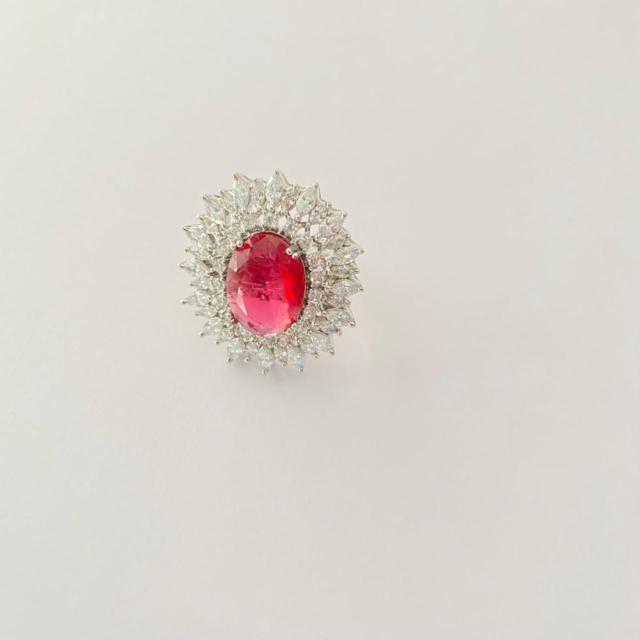 Ruby Stone  Silver Plated A.D Big stone Adjustable Ring