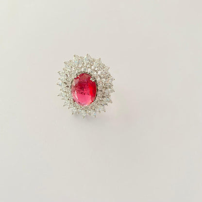 Ruby Stone  Silver Plated A.D Big stone Adjustable Ring