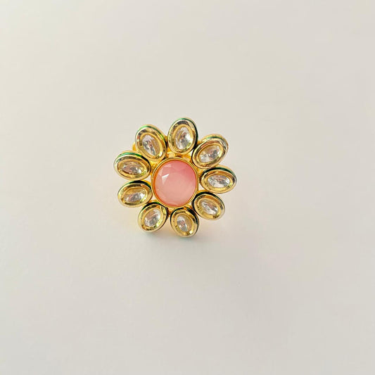 Light Pink Stone Kundan Floral Adjustable Ring
