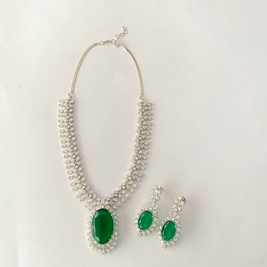 Silver Plated Green Stone Necklace Set