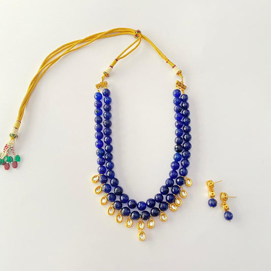 Blue Gold Kundan Double Line Necklace Set