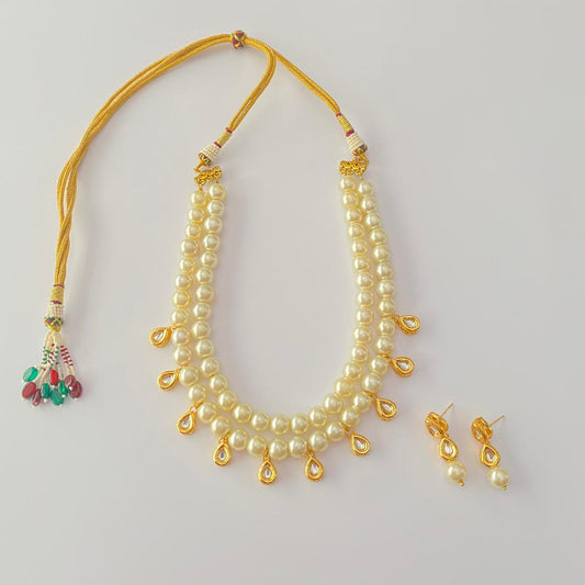 Off white pearl Golden Kundan Double Line Necklace Set