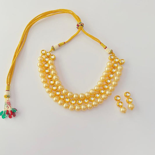 Off white pearl Golden Kundan Double Line choker Necklace Set