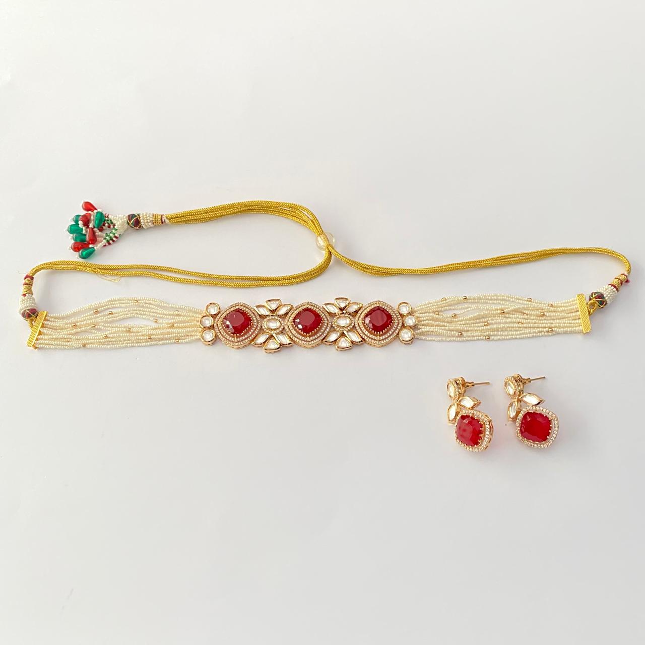 Polki Gold plated Ruby Choker Necklace Set