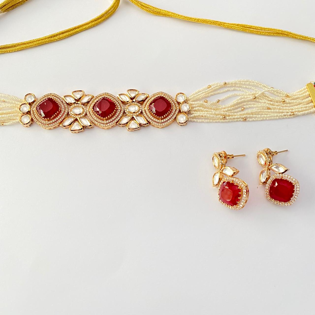 Polki Gold plated Ruby Choker Necklace Set