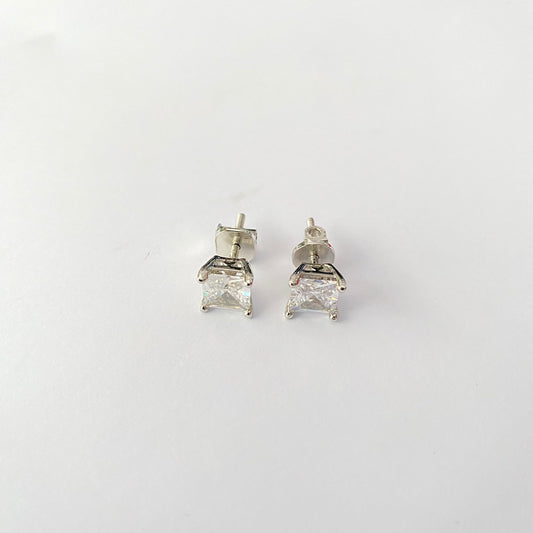 Square Shape Silver Plated Screw Back Solitaire